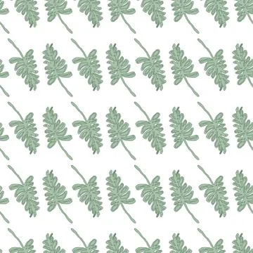 Isolated seamless hand drawn pattern with light green foliage silhouettes. Wh Stock Illustration