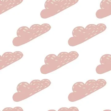 Isolated seamless hand drawn pattern with pink pale cloud shapes. White backg Stock Illustration