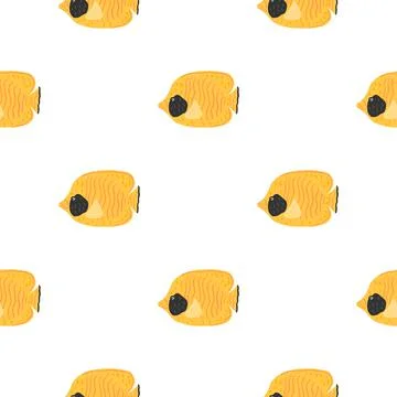 Isolated seamless marine pattern with bright yellow butterfly fish shapes. Wh Stock Illustration