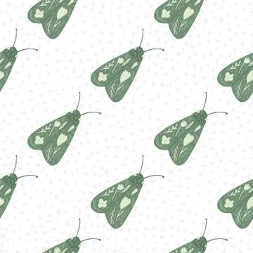 Isolated seamless patten wit hand drawn night moth silhouettes. Simple green  Stock Illustration