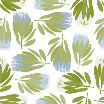 Isolated seamless pattern with blue hand drawn protea flowers elements. Green Illustrazione stock