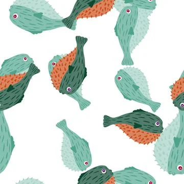 Isolated seamless pattern with blue random fish silhouettes ornament. White b Stock Illustration