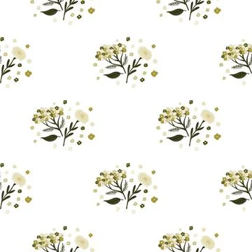 Isolated seamless pattern with botanic yarrow flowers ornament. White backgro Stock Illustration