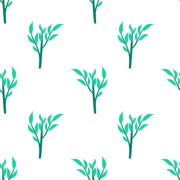 Isolated seamless pattern with bright blue leaves branches ornament. White ba Stock Illustration