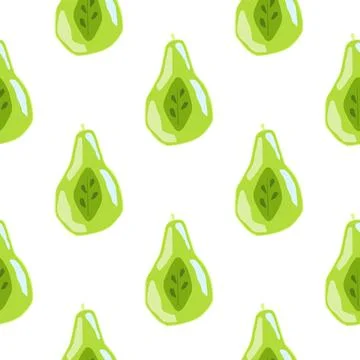 Isolated seamless pattern with bright green pear half elements. White backrou 스톡 일러스트