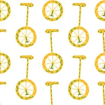 Isolated seamless pattern with bright yellow bicycle elements. White backgrou 스톡 일러스트