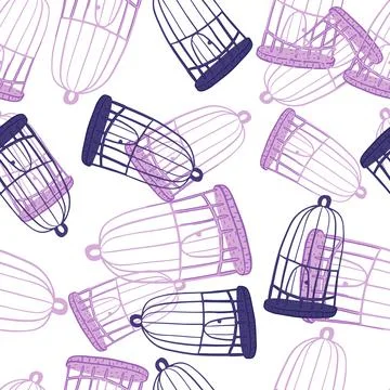 Isolated seamless pattern with cartoon doodle purple and navy blue bird cage Stock Illustration