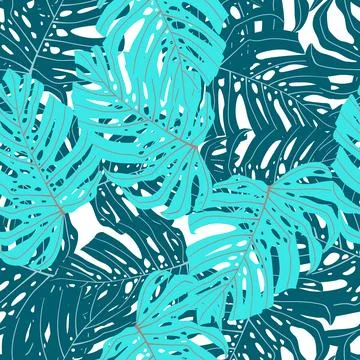 Isolated seamless pattern with doodle palm exotic monstera leaf ornament. Blu イラスト素材
