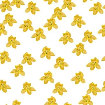 Isolated seamless pattern with doodle random yellow orchid flowers print. Whi イラスト素材