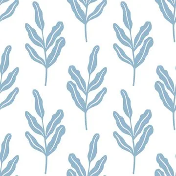 Isolated seamless pattern with doodle simple leaf branches blue ornament on w Stock Illustration