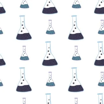 Isolated seamless pattern with education science navy blue flasks. White back Stockillustratie