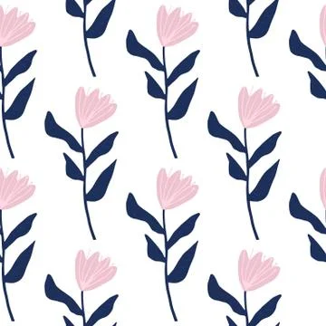 Isolated seamless pattern with flower simple silhouettes. Pink buds and navy  Stock Illustration