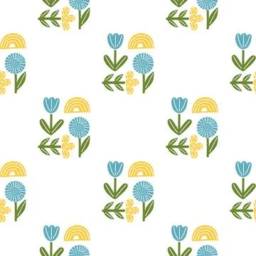 Isolated seamless pattern with flowers, rainbow and leaves ornament. Yellow,  Stock Illustration