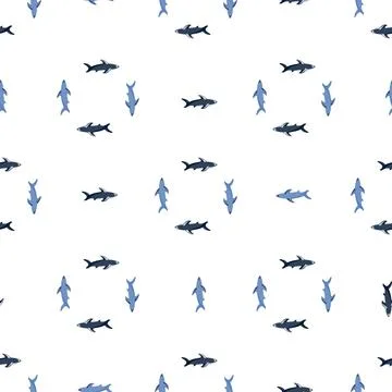 Isolated seamless pattern in geometric style with blue simple shark shapes. W Stock Illustration