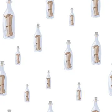 Isolated seamless pattern with glass bottles with messages. White background. Illustrazione stock