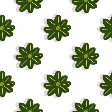 Isolated seamless pattern with green hand drawn daisy flowers with shadow. Wh 스톡 일러스트