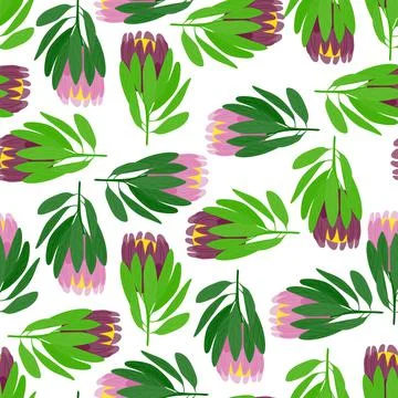 Isolated seamless pattern with green leaves and pink protea flowers shapes. R 스톡 일러스트