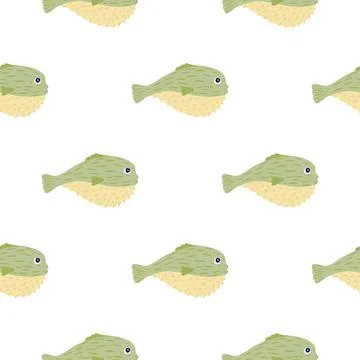 Isolated seamless pattern with green puffer fish ornament. White background.  스톡 일러스트