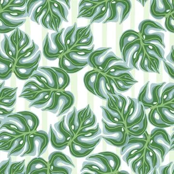 Isolated seamless pattern with green random monstera elements print. White ba Illustrazione stock