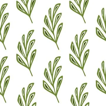 Isolated seamless pattern with leaf branch doodle ornament in green tone. Whi Stock Illustration