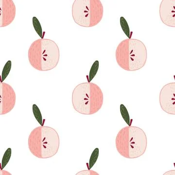 Isolated seamless pattern with light pink apple cartoon ornament. White backg Stockillustratie
