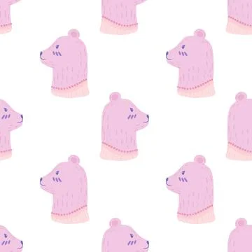Isolated seamless pattern with lilac bear head ornament. White background. An 스톡 일러스트