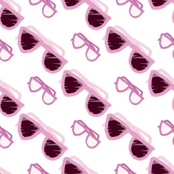 Isolated seamless pattern with lilac sunglasses elements. White background. S 스톡 일러스트