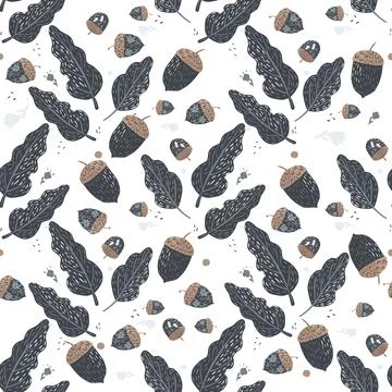 Isolated seamless pattern with navy blue acorns and leaves elements. White ba Stock Illustration