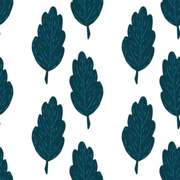 Isolated seamless pattern with navy blue doodle leaf elements. White backgrou Illustrazione stock