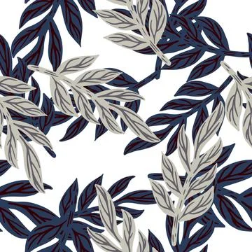 Isolated seamless pattern with navy blue simple leaf branches print. Random a イラスト素材