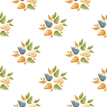 Isolated seamless pattern with orange and blue colored pear and leaves shapes Stock Illustration