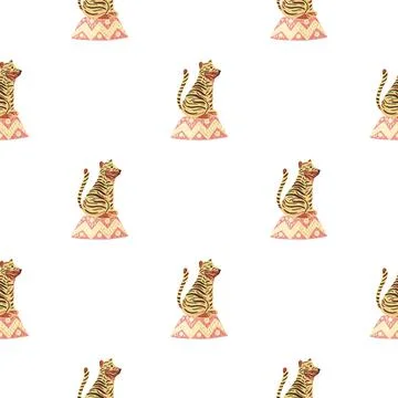 Isolated seamless pattern with orange doodle tiger silhouettes. White backgro イラスト素材