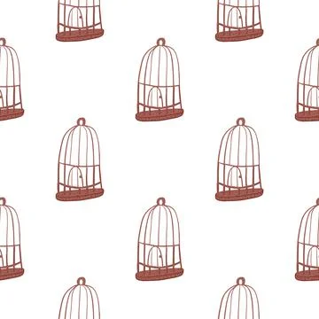 Isolated seamless pattern with pale red bird cage contoured silhouettes. Whit Stock Illustration