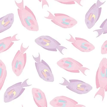 Isolated seamless pattern with pastel light tones surgeon fish shapes. White  스톡 일러스트