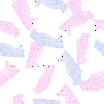 Isolated seamless pattern with pink and blue colored random polar bear silhou 스톡 일러스트