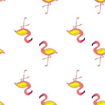 Isolated seamless pattern with pink and yellow colored flamingo ornament. Whi Stock Illustration