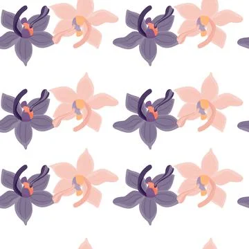 Isolated seamless pattern with pink and purple colored orchid flowers silhoue Stock Illustration