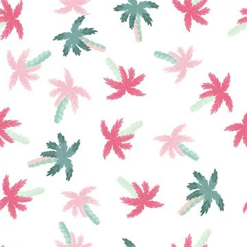 Isolated seamless pattern with pink and blue random small palm tree elements. Stock Illustration
