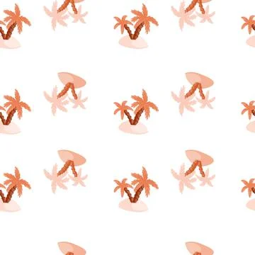 Isolated seamless pattern with pink pastel doodle island and palm tree orname Stock Illustration