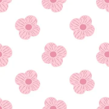 Isolated seamless pattern with pink simple flower buds silhouettes. White bac Stock Illustration