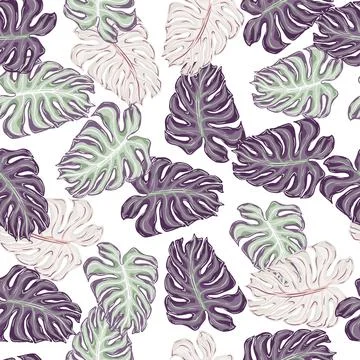 Isolated seamless pattern with purple and pink outline random monstera shapes 스톡 일러스트