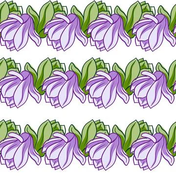 Isolated seamless pattern with purple and green magnolia flowers print. White Stock Illustration