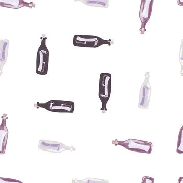 Isolated seamless pattern with purple bottle with message print. White backgr Stock Illustration