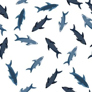 Isolated seamless pattern with random blue sharks random print. White backgro 스톡 일러스트