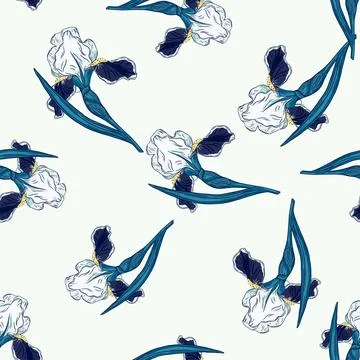 Isolated seamless pattern with random blue iris flowers shapes. White backgro Illustrazione stock