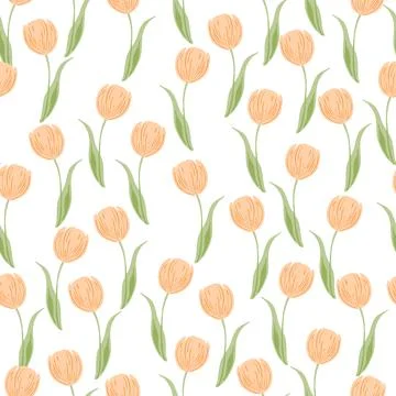 Isolated seamless pattern with random little orange tulip flowers shapes. Whi Illustrazione stock