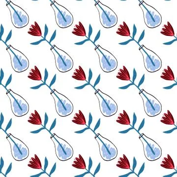 Isolated seamless pattern with red flowers in a vase. White background, Simpl Stock Illustration