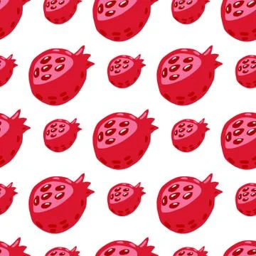 Isolated seamless pattern with red garnets. Doodle pomegranate fruit print on Stock Illustration