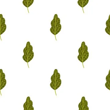 Isolated seamless pattern with simple doodle oak leaves elements. Green print Illustrazione stock