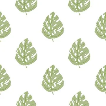 Isolated seamless pattern with simple monstera green silhouettes ornament. Wh Stock Illustration